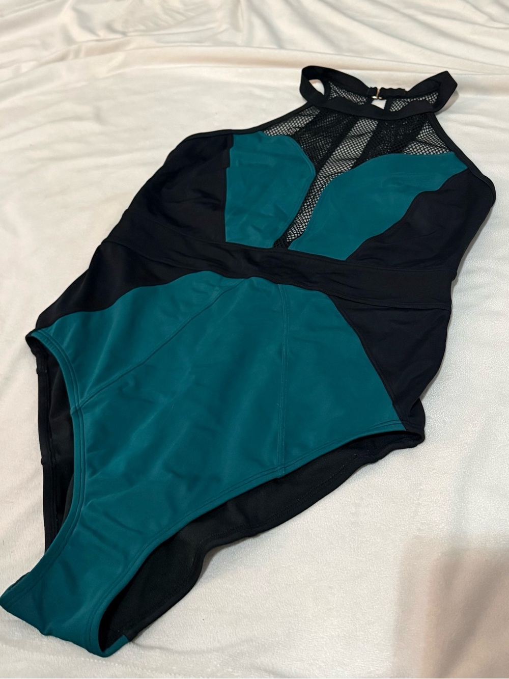 Adore Me Teal and Black High-Neck One-Piece Swimsuit